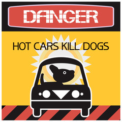 Hot cars kill dogs. Warning of possible danger of overheating from sunlight animals during transportation.