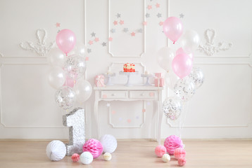 Decorations for birthday party. A lot of balloons. 