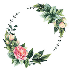Wreath with Watercolor Buds, Flower and Leaves
