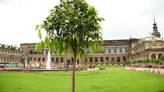 Ronin shot of famous Zwinger palace (Der Dresdner Zwinger) Art Gallery of Dresden. Colorful spring scene in Dresden, Saxony, Germany, Europe. 4k video. Wide angle, prores, slow motion