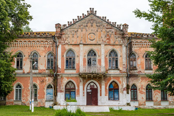Neo-Gothic library 19th century in the estate Avchurino (Poltoratskiy) near Kaluga, western facade. Ferzikovsky District, Kaluzhskiy region, Russia - July 2019