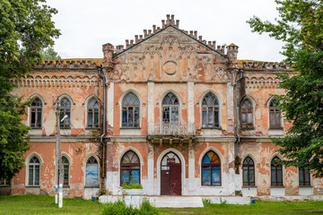 Naklejka na ściany i meble Neo-Gothic library 19th century in the estate Avchurino (Poltoratskiy) near Kaluga, western facade. Ferzikovsky District, Kaluzhskiy region, Russia - July 2019