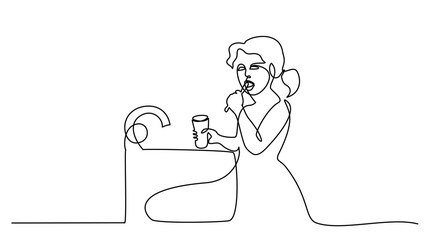 Little girl brushing her teeth line illustration