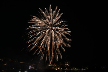 Firework celebrating Bastille Day in Biarritz city. Basque Country of France.