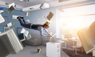 Smiling Joyful levitating young man