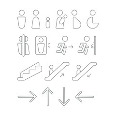 set of line icons for interior signage. Included bathroom, stairs, escalator and more.