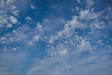 Blue summer sky white cumulus clouds background.