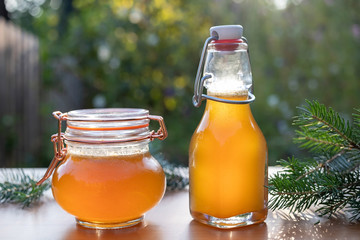 Syrup made from young spruce tips in a garden
