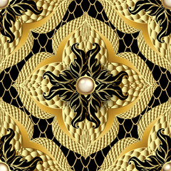 Textured ornamental gold 3d seamless pattern. Floral jewelry lace background. Beautiful pearls gemstones, flowers, leaves. Vector repeat vintage Baroque style ornaments. 3d wallpaper. Surface design.