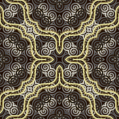 Spirals ornamental 3d seamless pattern. Modern patterned background. Vector illustration. 3d wallpaper. Repeat  backdrop with geometric shapes, swirls, spirals, cirkles, lines. Vintage ornate design