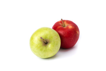 Red and green apple on a white background. Green and red apples juicy on an isolated background. A group of two apples on a white background.