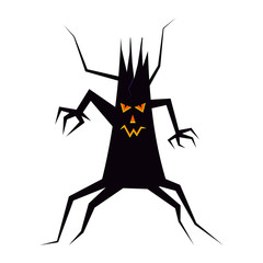 Spooky black silhouette of dry Halloween tree with luminous eyes, nose and mouth, awesome face.
