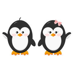 Fototapeta premium Set of sweet couple characters - boy and girl baby penguin icon hold hands