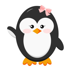 Sweet funny cute baby girl penguin with bow icon in standing hi pose isolated on white background.