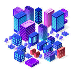 Isometric city set of violet colors building modern
