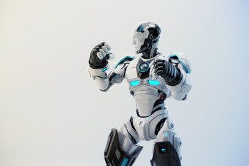 White robot boxer in rack stand, 3d rendering