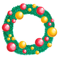 Christmas wreath with red and gold toys Isolated on white background Watercolor illustration Holidays decor