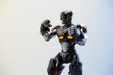 Fototapeta premium Black robot boxer in rack stand, 3d rendering