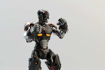 Obraz na płótnie Canvas Black robot boxer in rack stand, 3d rendering