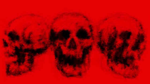 From sprouting flowers appear skulls and rotate in circle. Man crumbles into sand. Looped 2D animation. Abstraction in horror fantasy genre.  Creepy animated backdrop movie. Black and red  background.