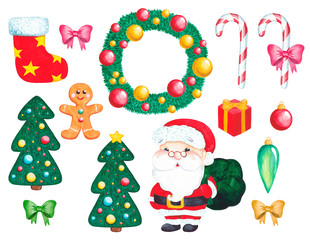 Watercolor Christmas set Hand drawn holidays elements Santa Claus, Wreath, Gingerbread man, Present, Toys, Tree, Bow, Sock. Colorful kit