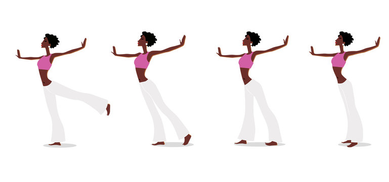 Plastic exercises and gymnastics. Girl with outstretched arms trains flexibility and balance. Vector image.