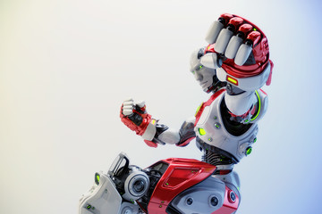 White-red Muscly Robot boxer punching the air, 3d rendering