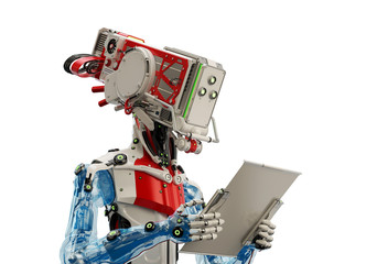 Cyborg working with digital tablet, 3d illustration