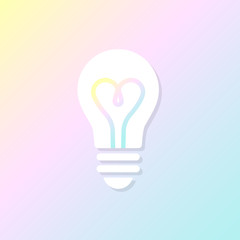 Light bulb glowing. Isolated electric lamp on pastel gradient background. Heart filament. Vector illustration, flat design