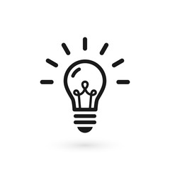 Black light bulb glowing icon. Isolated electric lamp on white background with filament and abstract rays. Vector illustration, flat design