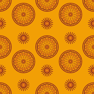 African flower seamless pattern. Abstract floral shapes on orange background.