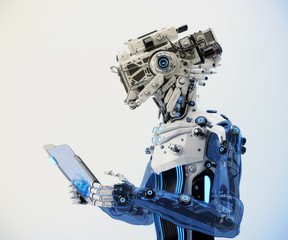 Cyborg working with digital tablet, 3d illustration on light background