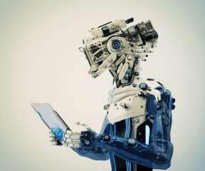 Cyborg working with digital tablet, 3d illustration on light background