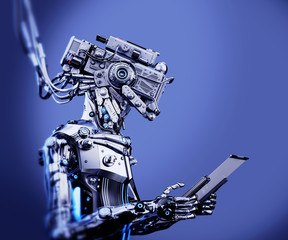 Naklejka premium Steel robotic creature connected with bunches of cables and working with sci-fi tablet, 3d illustration