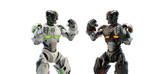 White vs black robotic boxers boxing, 3d rendering on light background