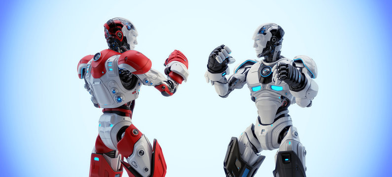 Two robotic boxers boxing, 3d rendering on light background