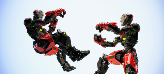 Two black-red robotic boxers boxing, 3d rendering on light background