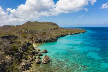 Gardinen Korallenriff Aerial view of coast of Curaçao in the  Caribbean Sea with turquoise water, white sandy beach and beautiful coral reef at Playa Manzalina   © NaturePicsFilms