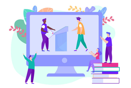 Graduation Online. People Look at Monitor. Vector.