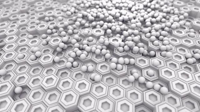 Geometric shapes abstract background. Hexagonal pillars and oblate spheres move in a chaotic flow. Wide-angle camera and panning shooting video.