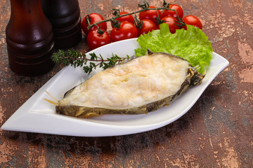 Baked wolffish steak