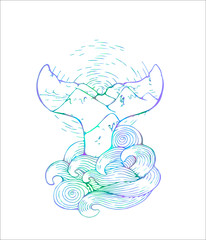 Neon illustration of a whale's tail disappearing into the sea wave. Graphics, sun, mountain. Idea for tattoo.