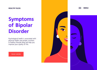 Portrait of a young woman with bipolar disorder. Happy and depressed mood. Mental health. Website template. Bright vector flat illustration