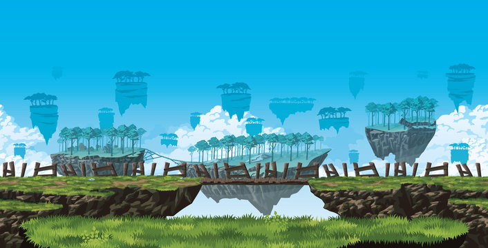 Fantasy background of a flying islands landscape. Horizontal tiles.
