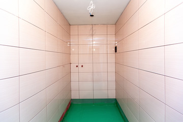 Bathroom with tiled walls and floor painted by green colored waterproof finish material in...