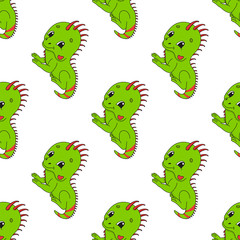 Happy iguana. Colored seamless pattern with cute cartoon character. Simple flat vector illustration isolated on white background. Design wallpaper, fabric, wrapping paper, covers, websites.