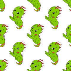 Happy iguana. Colored seamless pattern with cute cartoon character. Simple flat vector illustration isolated on white background. Design wallpaper, fabric, wrapping paper, covers, websites.