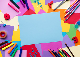 Fototapeta premium School and office accessory with copy space on color background.