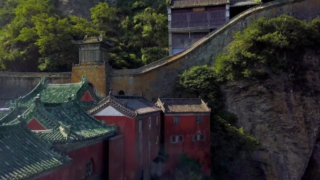 Aerial views to the Tianzhu Peak where the Golden Palace is located is the highest peak in Wudang. Wudang Mountain, Hubei province, China.