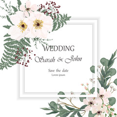 Wedding invitation leaves and flowers, watercolor, isolated on white.  Vector Watercolour.